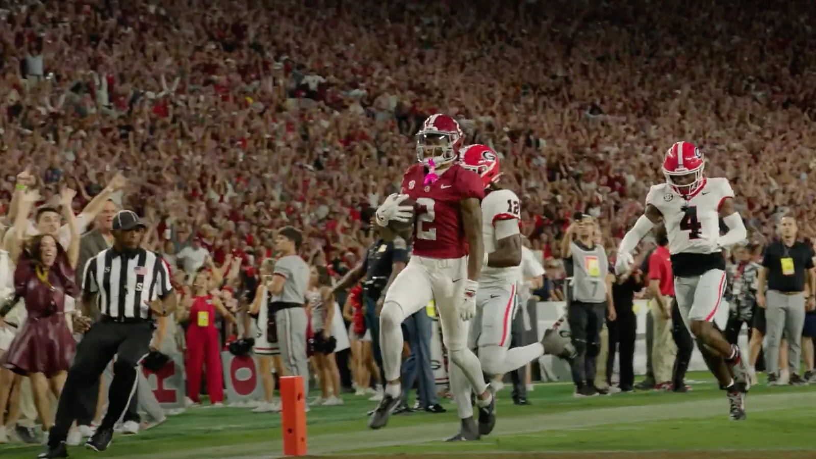 Alabama Crimson Tide wideout Ryan Williams scores the game winning touchdown against Georgia in 2024
