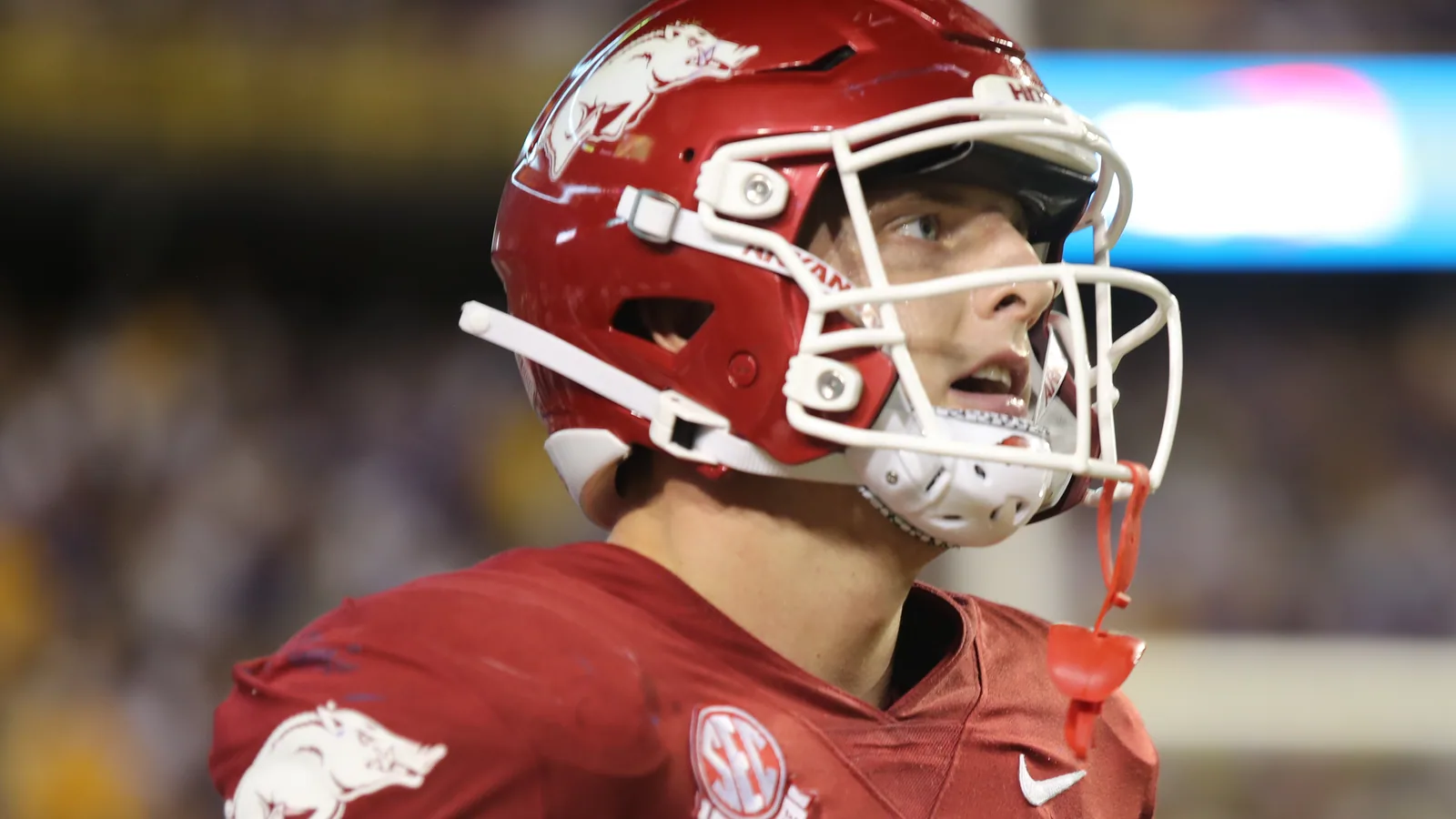 An Arkansas player watches from the sideline against LSU in 2023.