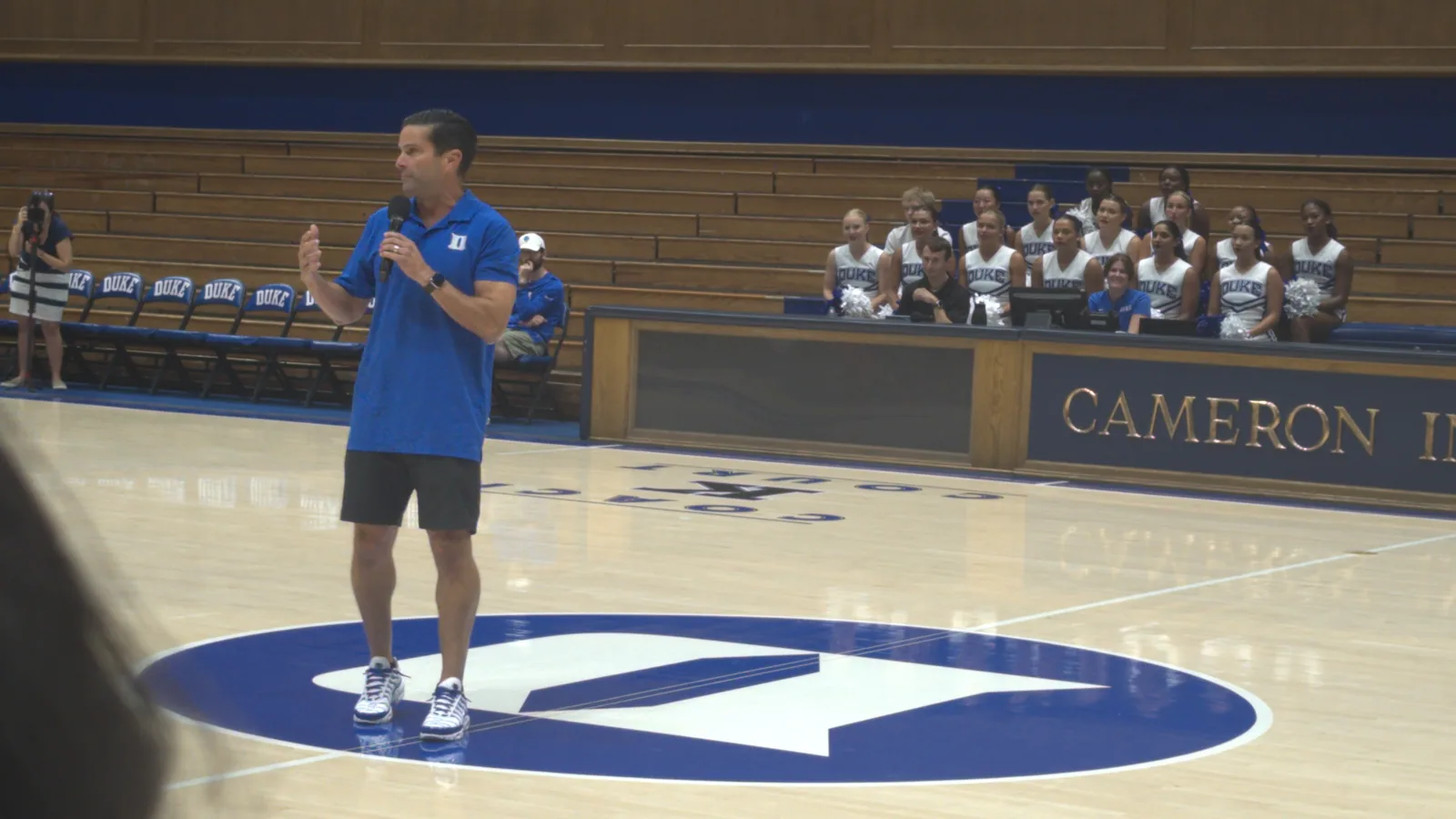Duke head coach Manny Diaz speaks at Cameron Indoor Stadium.