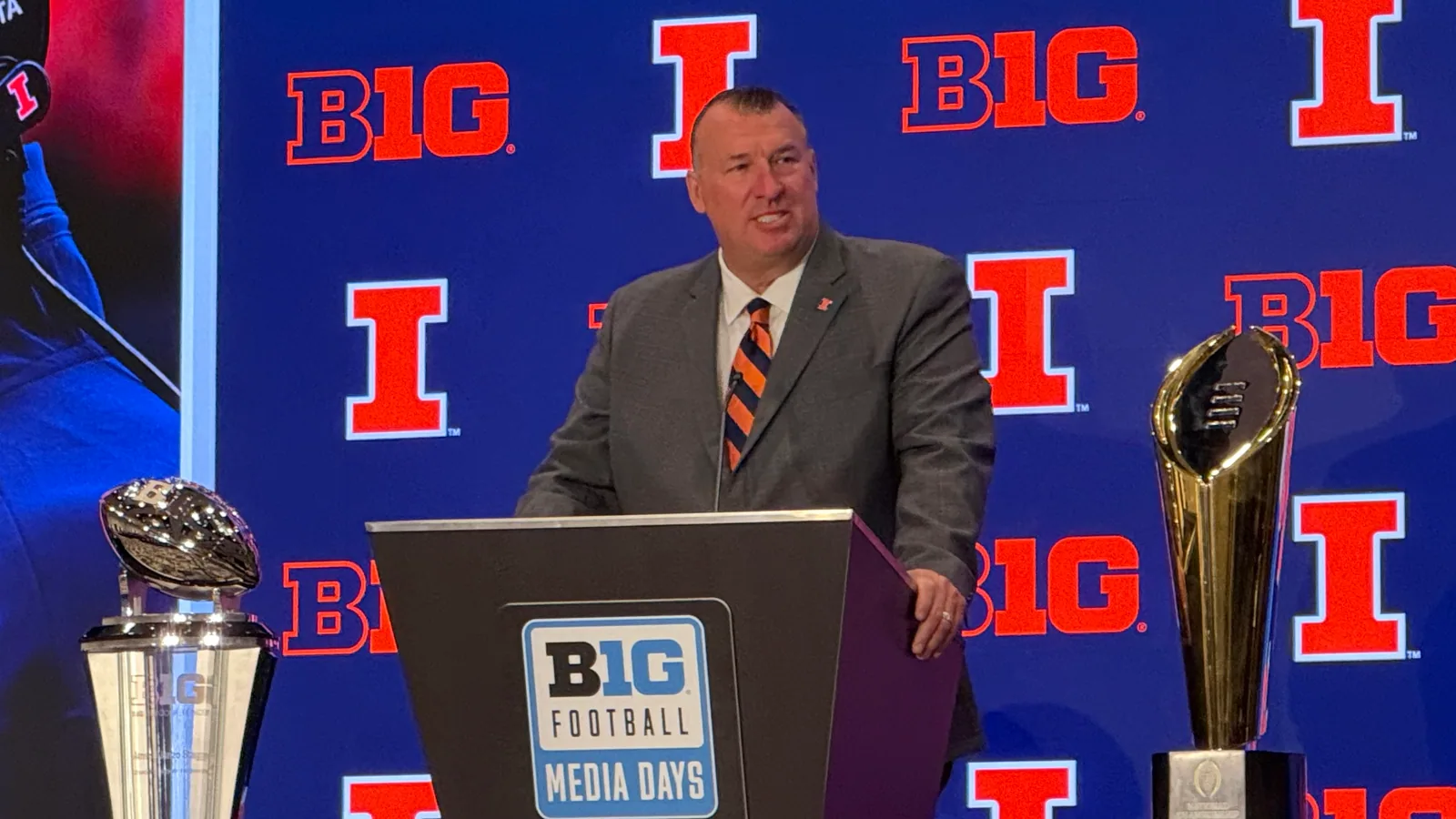 Illinois head coach Bret Bielema speaks at 2025 Big Ten media days.