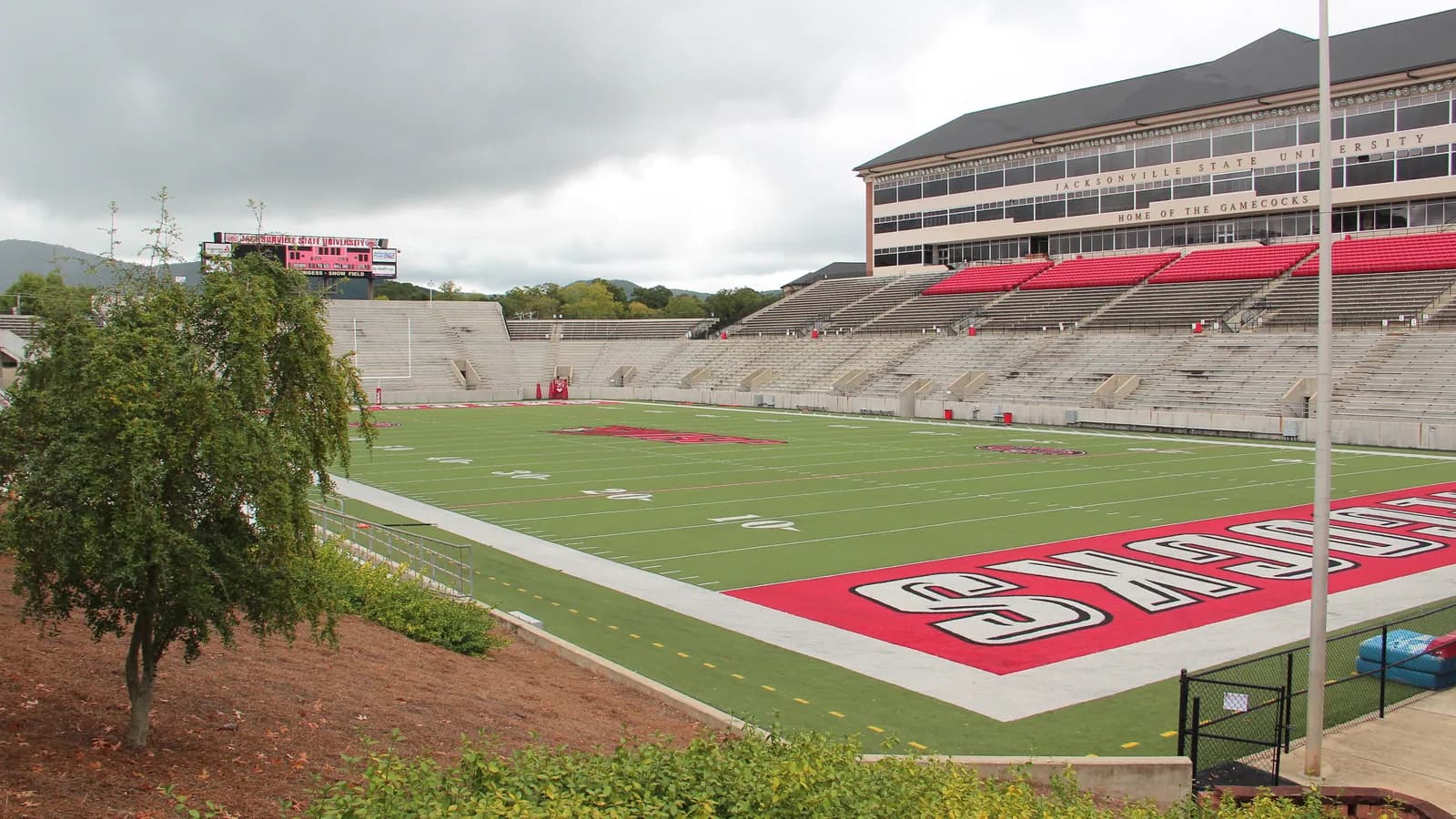 Jacksonville State's red end zone and Gamecocks press box at BurgessâSnow Field.