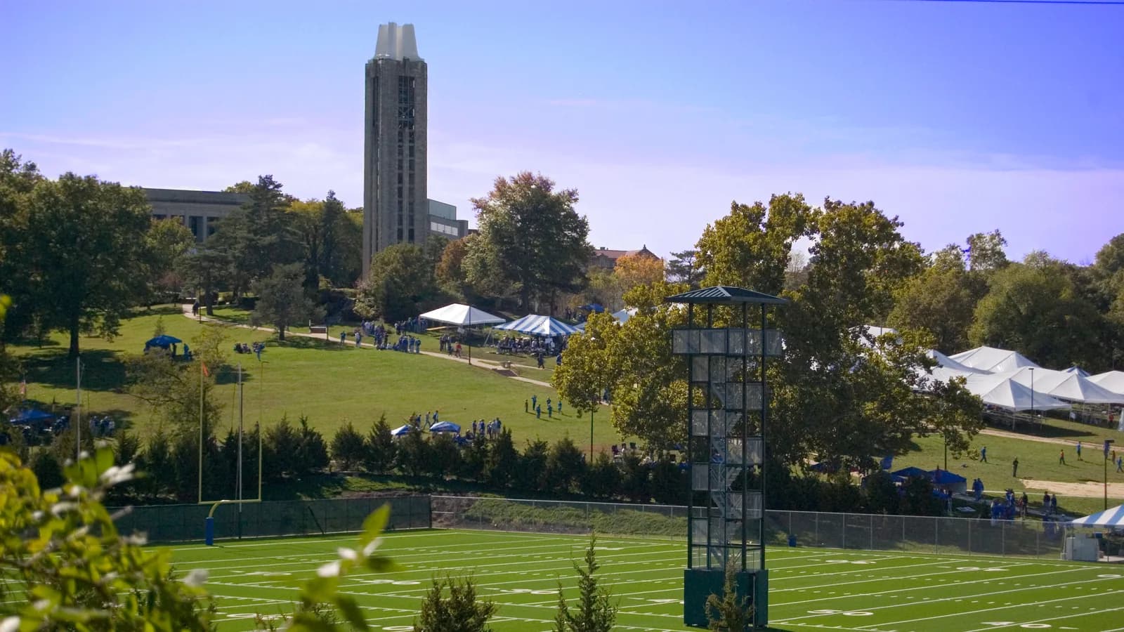 Kansas Jayhawks football practice fields and tailgaters on "the hill"