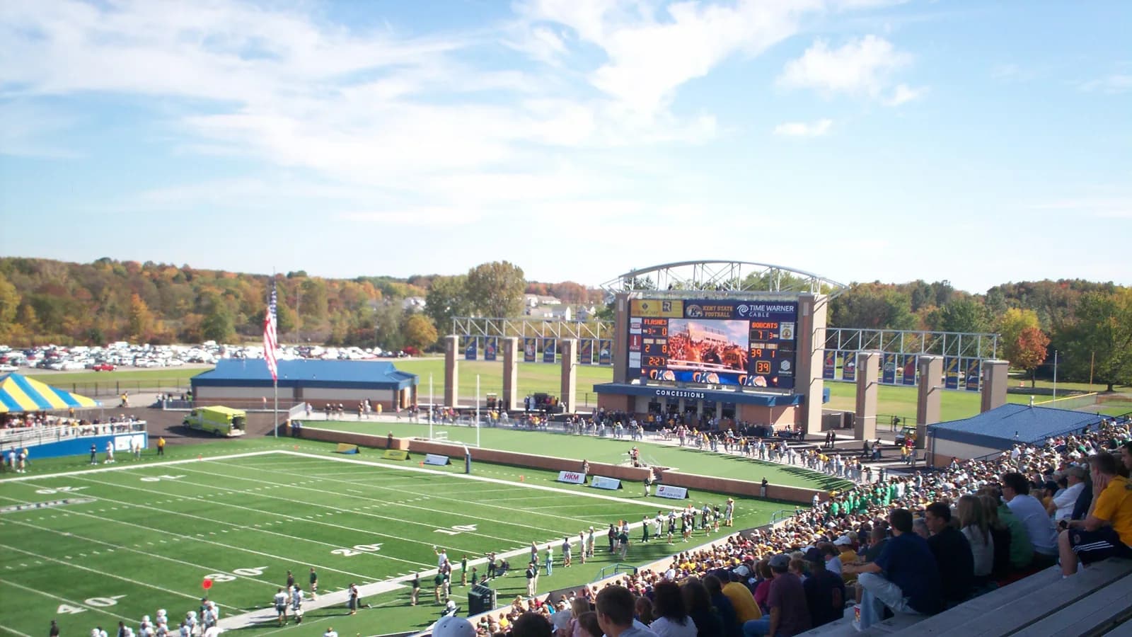 The south end zone and scoreboard at Kent State's Dix Stadium.