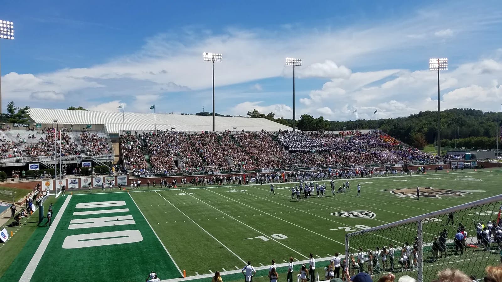 Peden Stadium with a large Ohio end-zone wordmark and Bobcat logo at midfield.