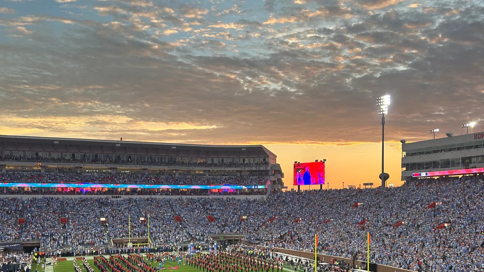 Sunset at Ole Miss football game at Vaught-Hemingway Stadium on September 21, 2024