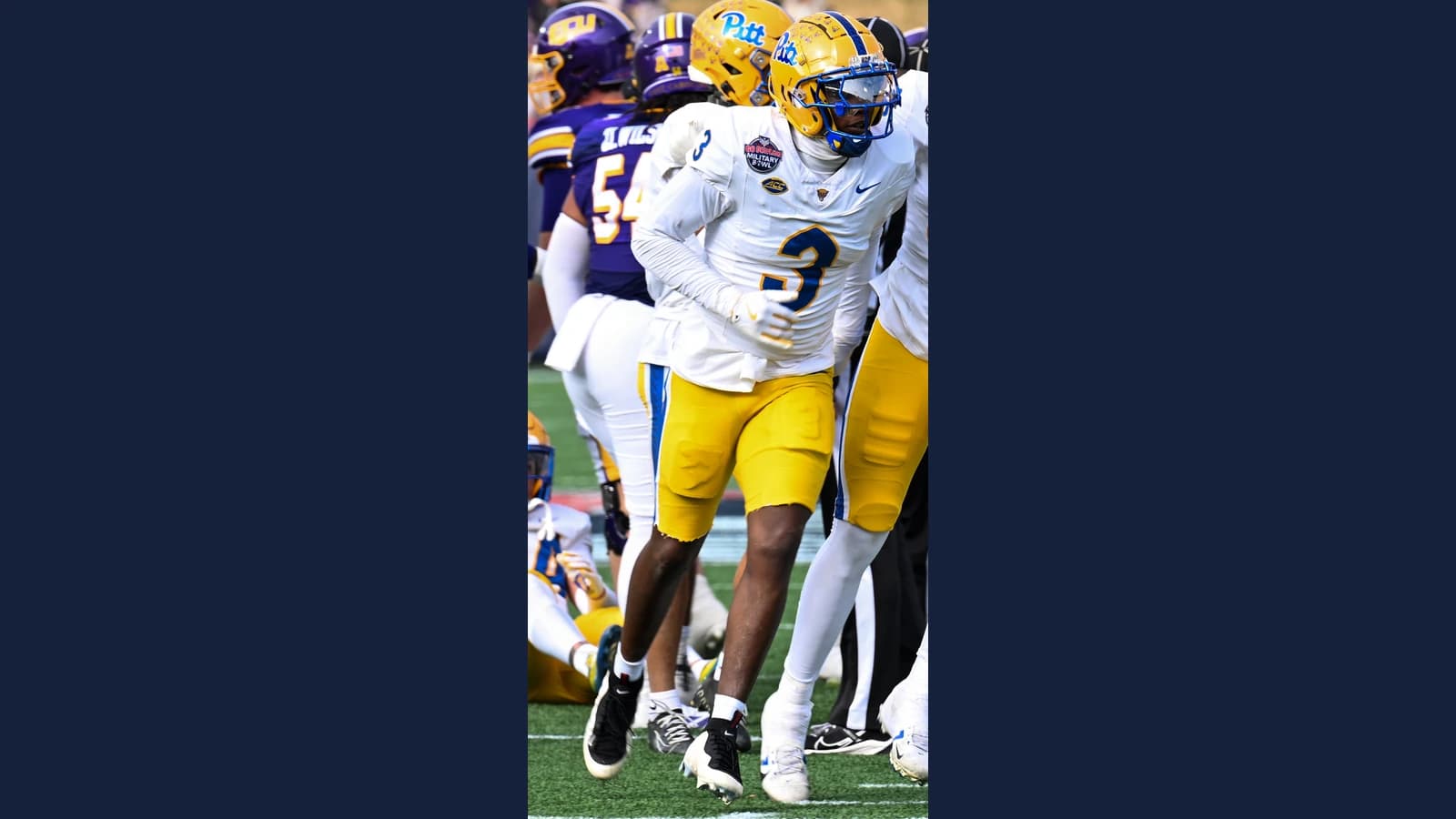 Pittsburgh linebacker Rasheem Biles in uniform at the 2025 Military Bowl.