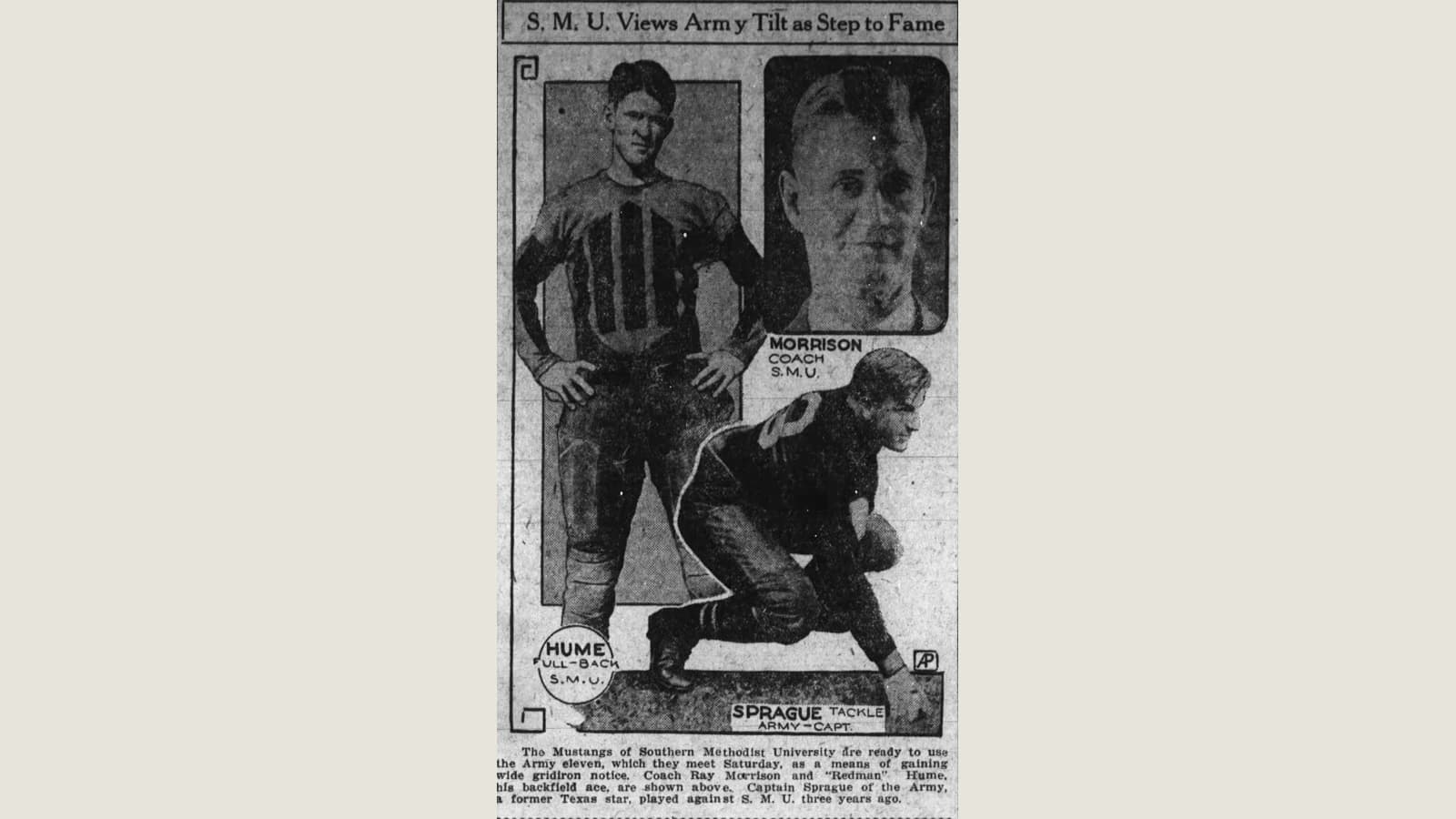 A 1928 newspaper illustration previewing SMU's football game against Army.