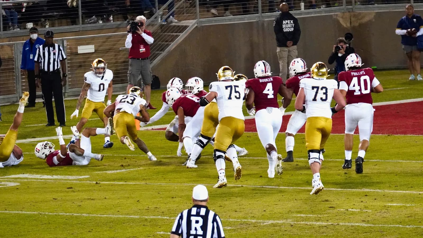 Stanford defends a play against Notre Dame at Stanford Stadium in 2021.