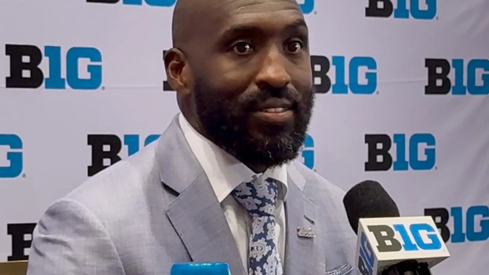 DeShaun Foster , head coach of the UCLA Bruins football team, at 2025 Big Ten Football Media Days prior to the 2025 regular season at the Mandalay…