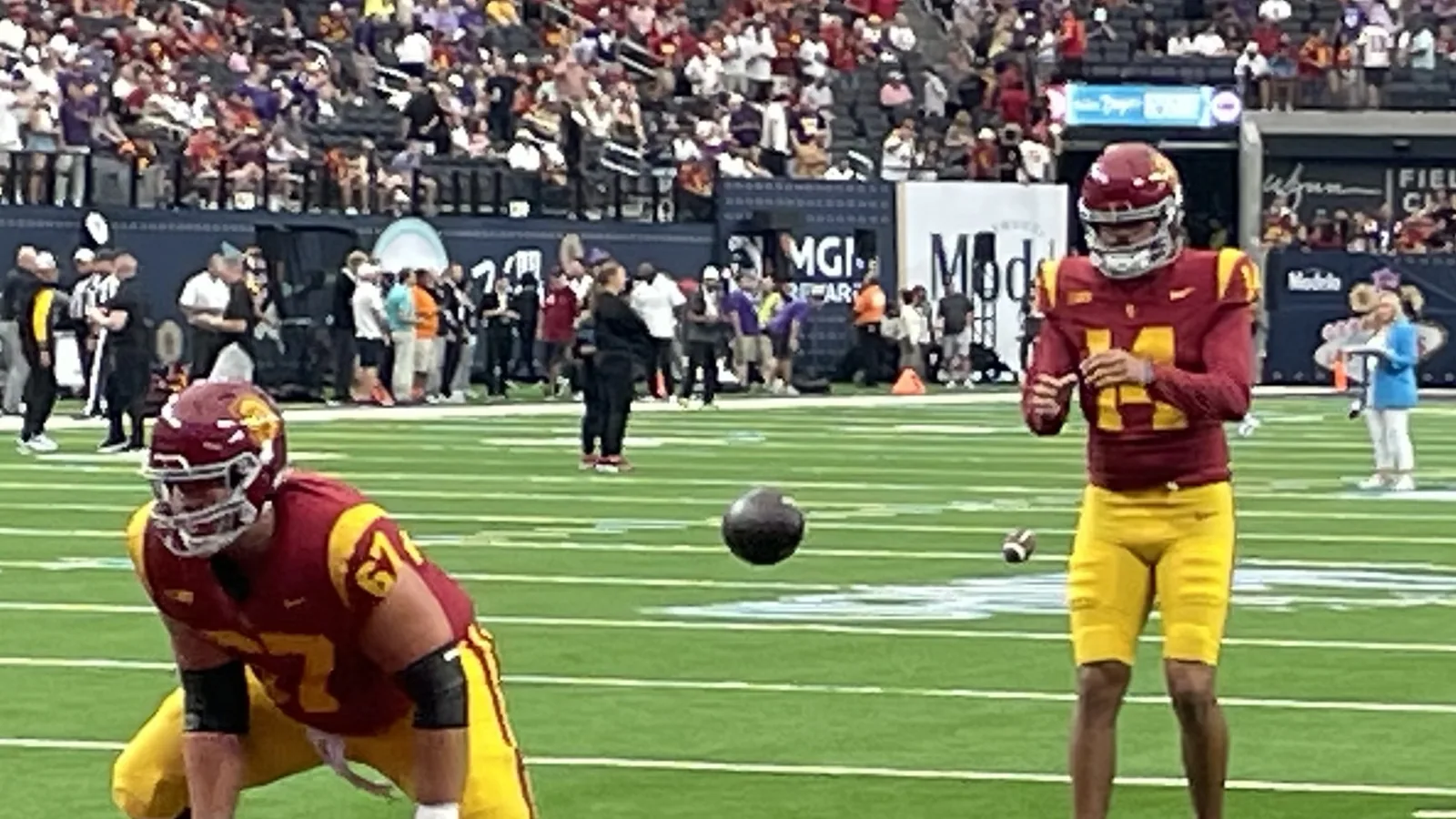 USC quarterback Jayden Maiava takes a snap at Allegiant Stadium in 2024.