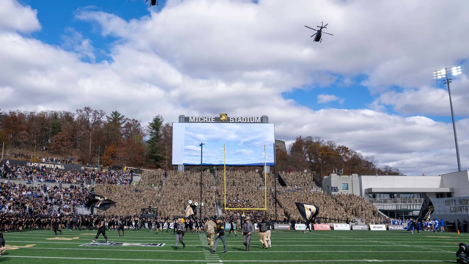 A flyover passes above Michie Stadium before Army faces Air Force in 2024.