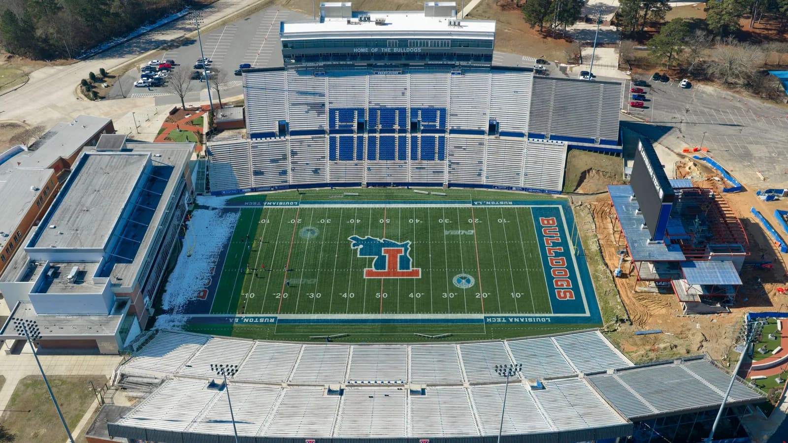An aerial view of Joe Aillet Stadium and its Louisiana Tech field.