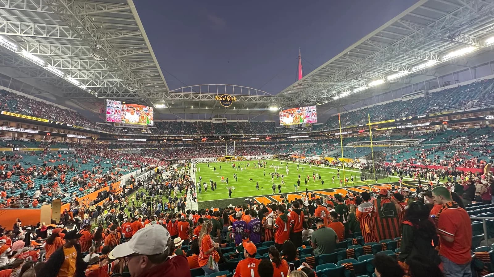 Miami faces Indiana in a packed stadium during the 2026 national championship game.