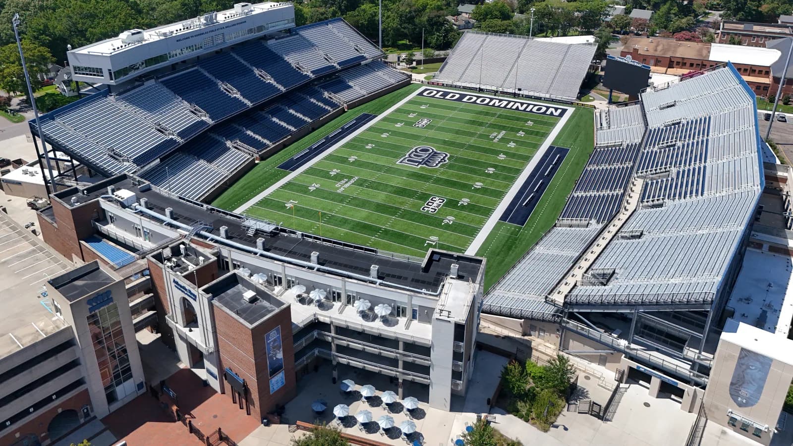 An aerial view of Kornblau Field at S.B. Ballard Stadium.