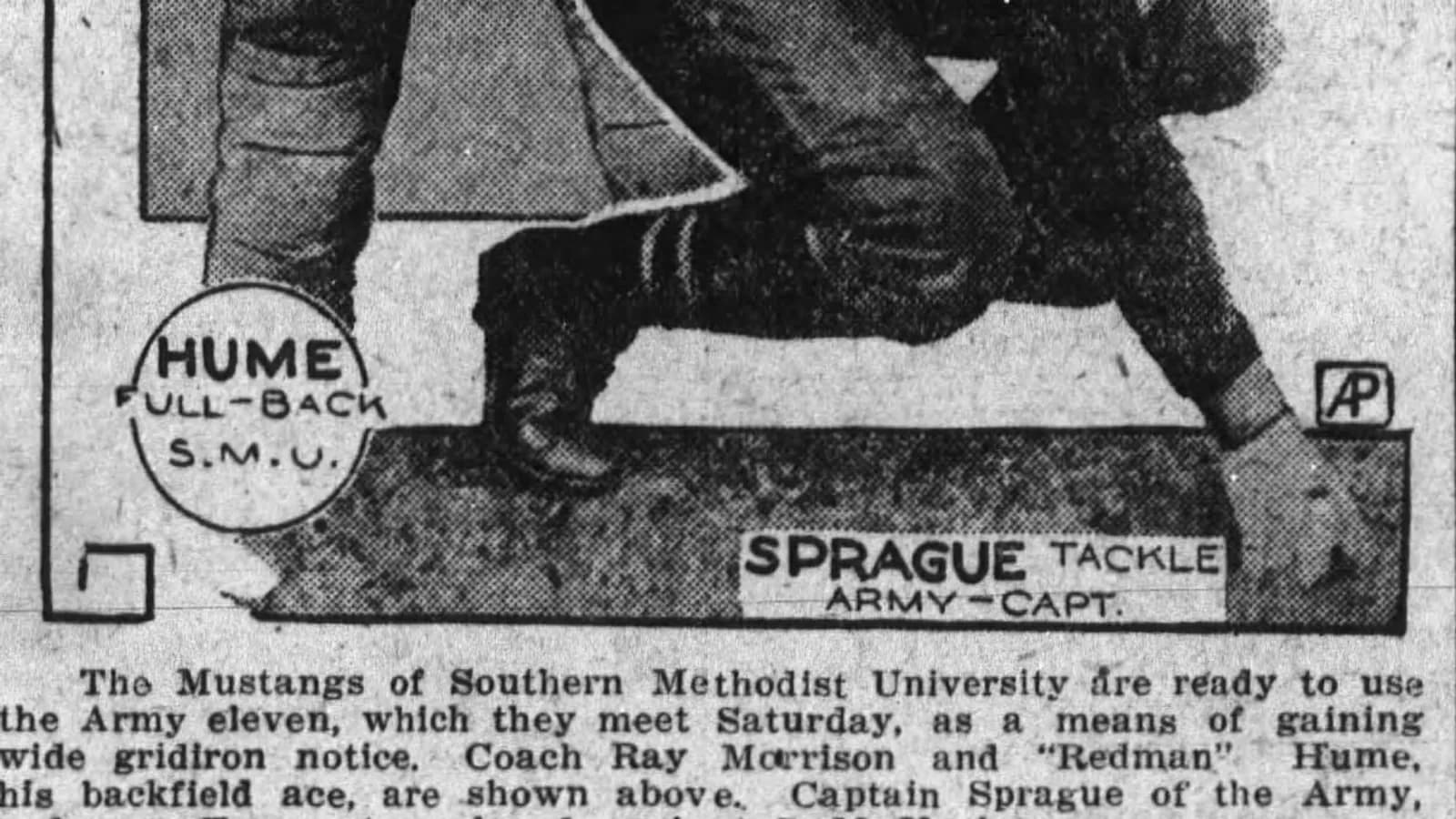 A 1928 newspaper illustration previewing SMU's football game against Army.