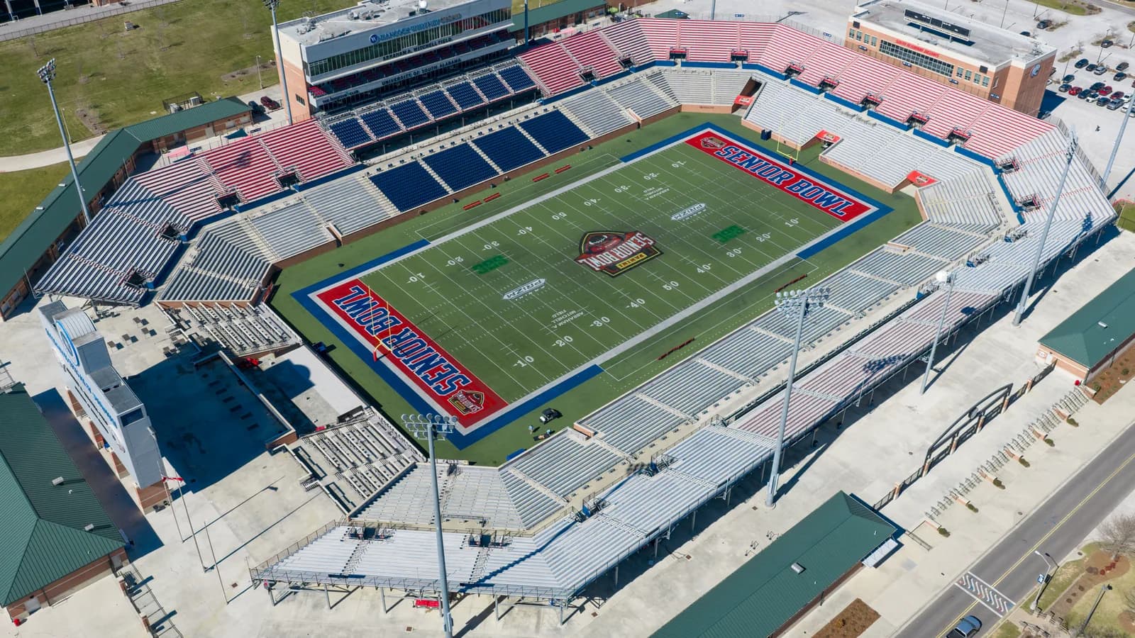 An aerial view of Hancock Whitney Stadium and its South Alabama field.
