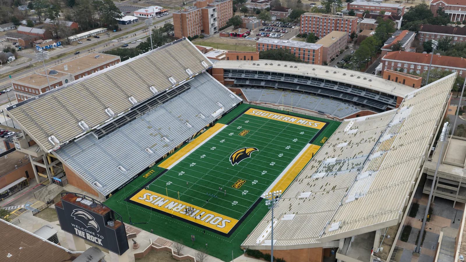 An aerial view of M. M. Roberts Stadium in Hattiesburg, Mississippi.